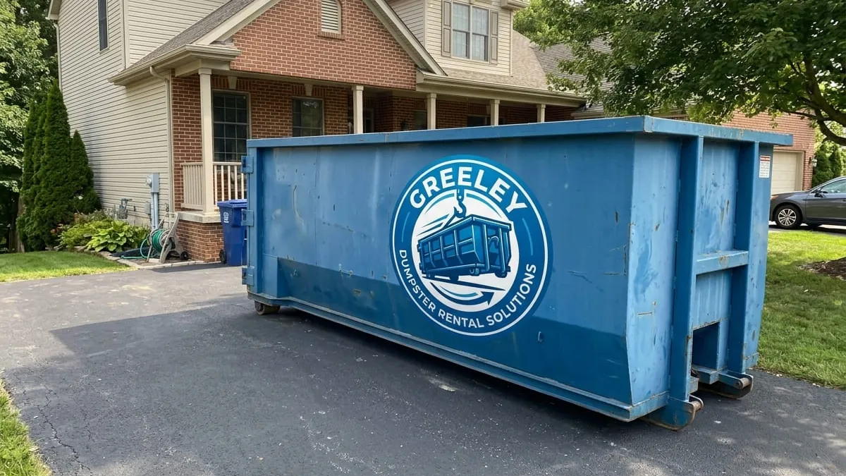 Greeley Dumpster Rental crew standing with a roll-off truck and 30 yard dumpster in a Greeley, CO driveway Greeley Dumpster Rental crew standing with a roll-off truck and 30 yard dumpster in a Greeley, CO driveway